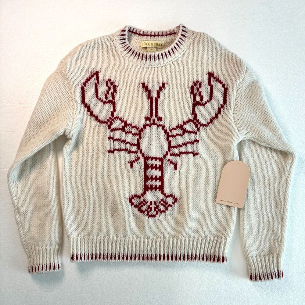 NWT Cream Oxblood Lobster Graphic Knit Sweater Coastal Cottagecore Preppy M